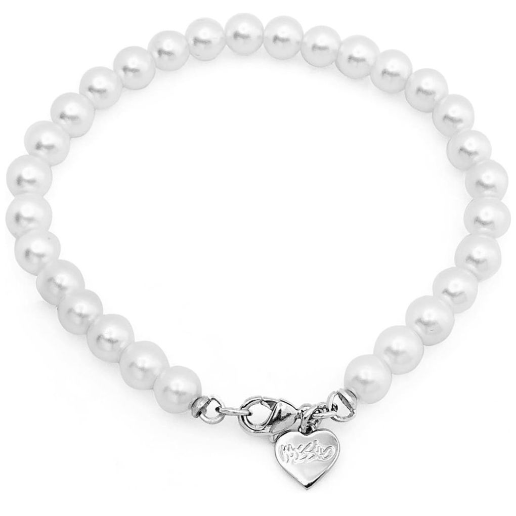 Pulsera en Rodio con Perlas Blancas Y Corazón con Logo Grabado Mossimo