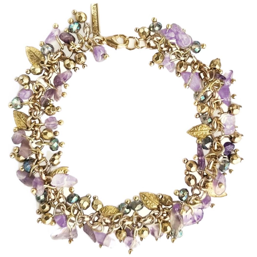 Pulsera en Dorado con Piedra Natural Chip Amatista Y Cristales Facetados Emanuel Ungaro