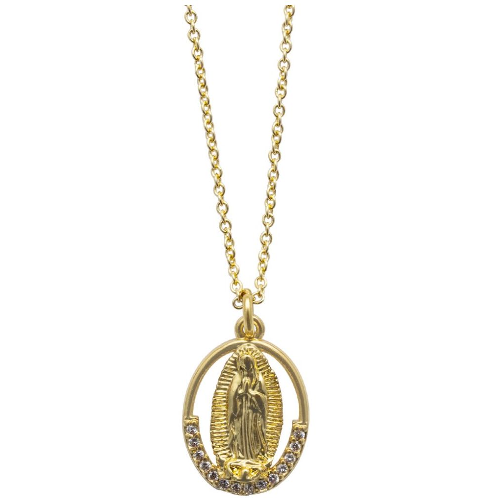 Dije con Cadena en Acabado Dorado de la Virgen con Cubic Circonias Joyería Religiosa