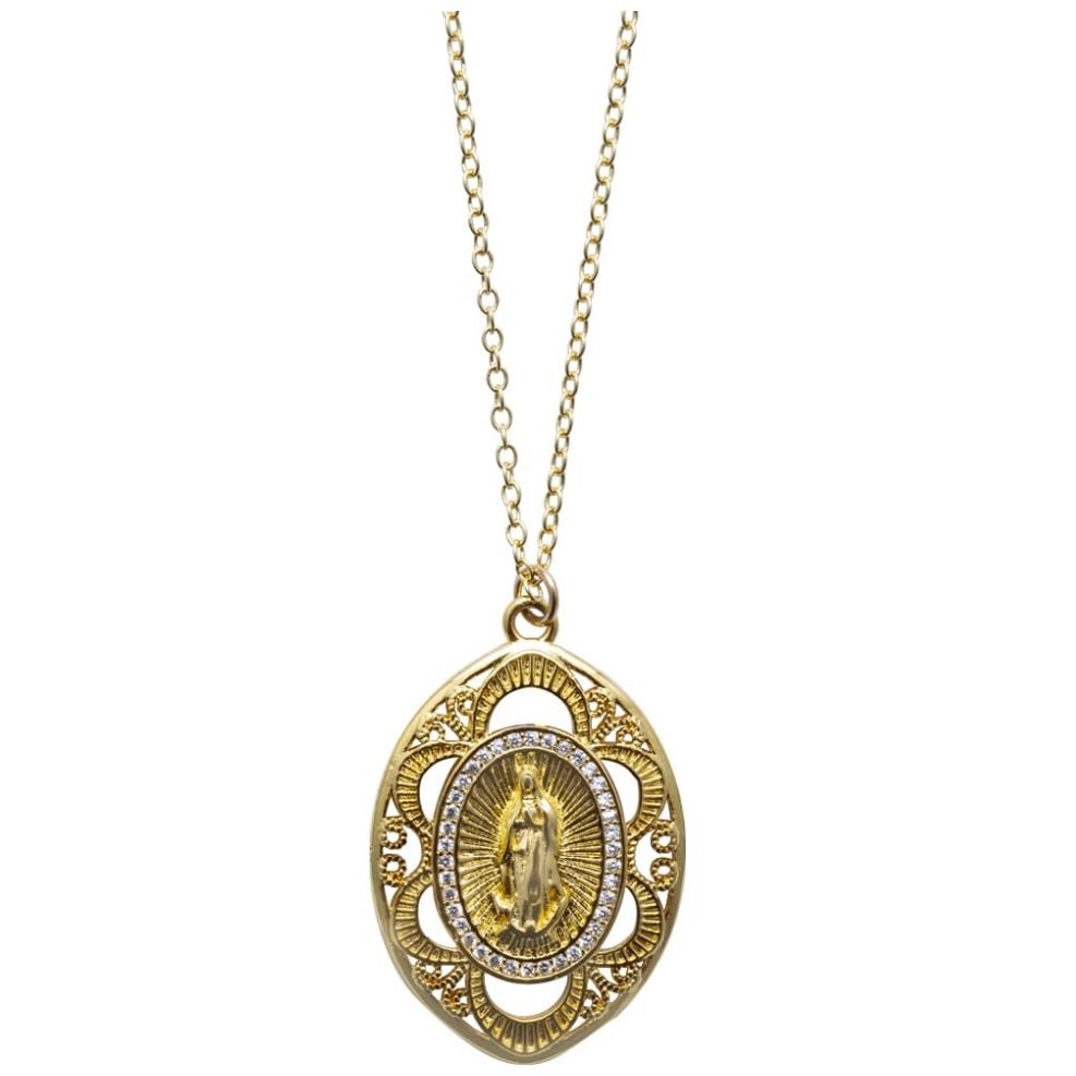 Medalla Grande de la Virgen con Baño de Oro 18K Y Cubic Circonias Joyería Religiosa