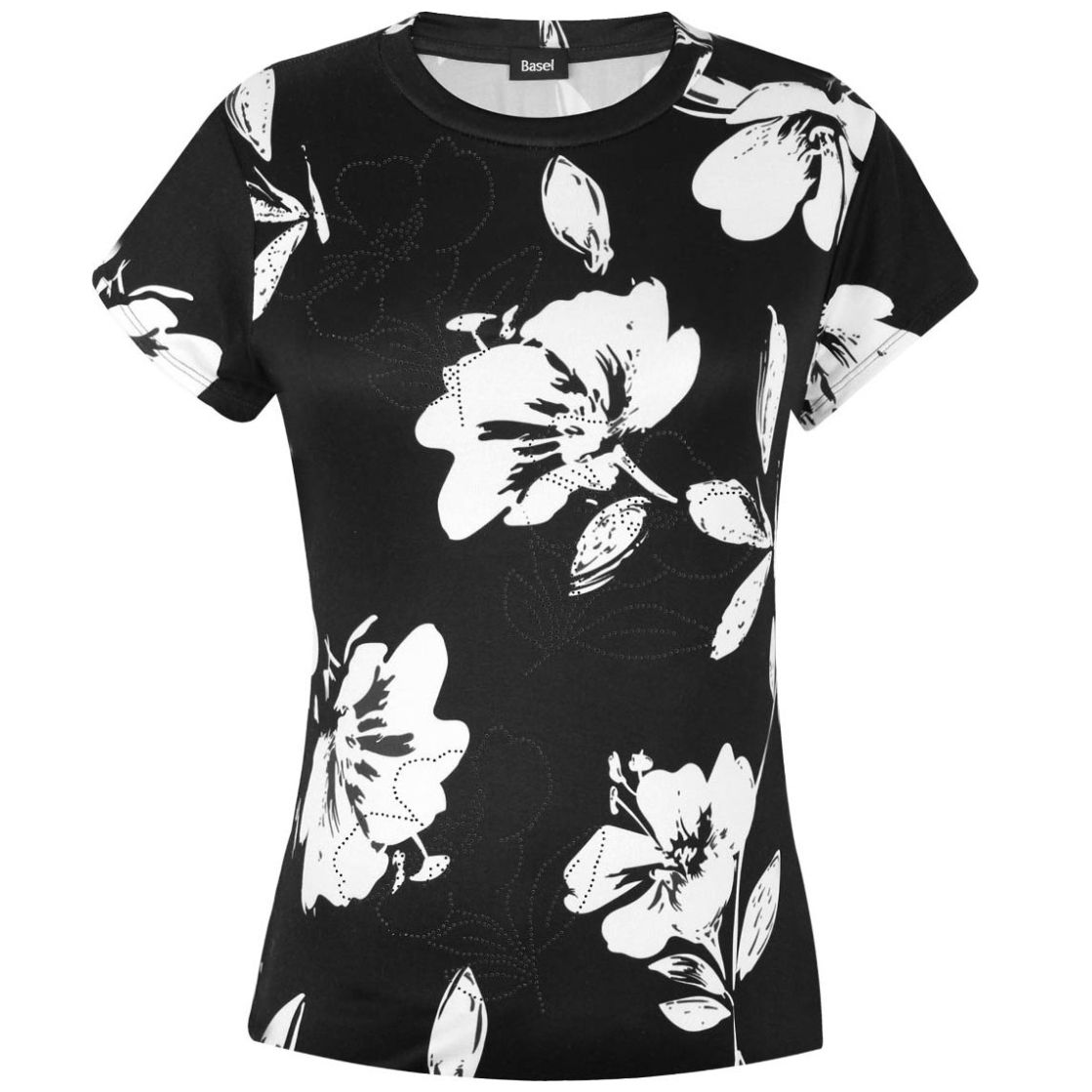 Blusa Basel Manga Corta Estampado Negro Floral con Cristales