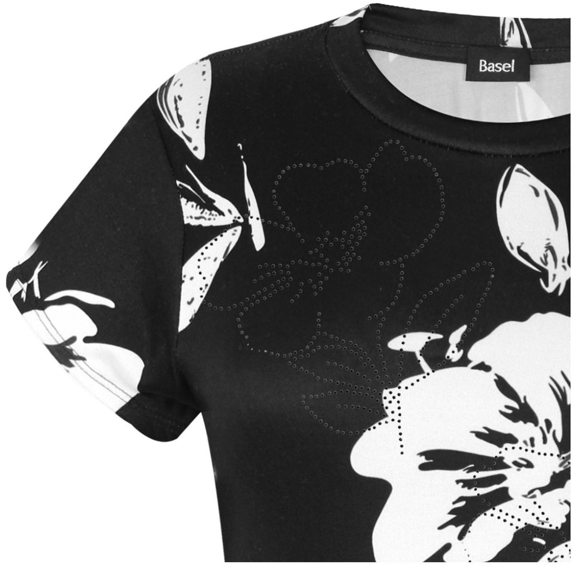 Blusa Basel Manga Corta Estampado Negro Floral con Cristales