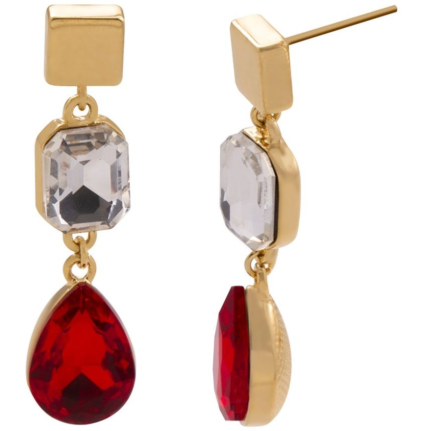 Arete Colgante con Piedra Roja en Forma de Gota Y Piedra Blanca Cuadrada. Unlimited By Ob