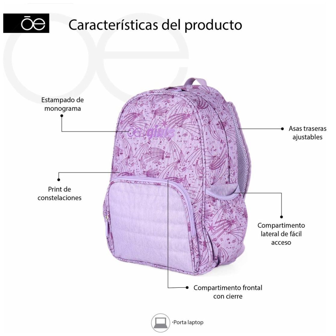 Mochila grande con compartimiento para laptop, cuadros morado/rosa -  Productos