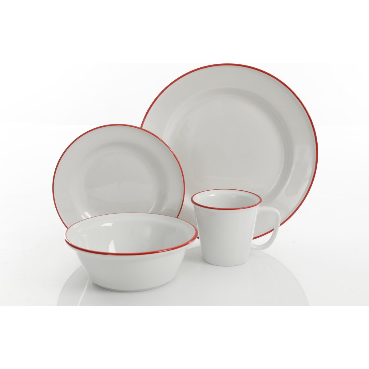 Martha Stewart Cliffield - Juego de vajilla de porcelana de 16 piezas,  color blanco con borde rojo, servicio para 4 (16 piezas)