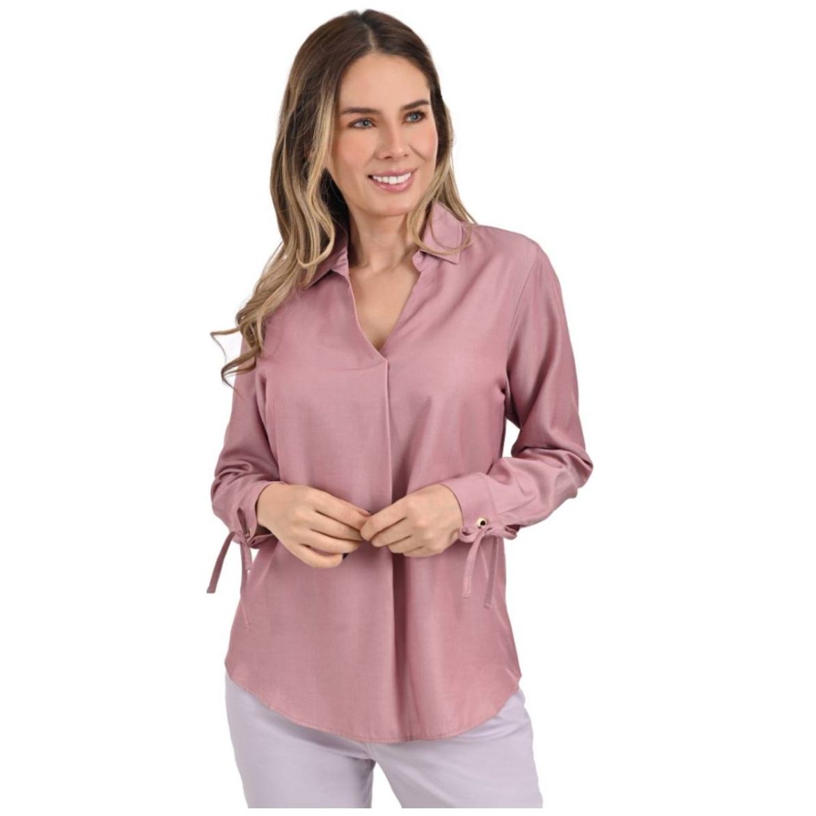Blusa Gloria Vanderbilt Manga Larga Cuello Camisero Diseño Liso