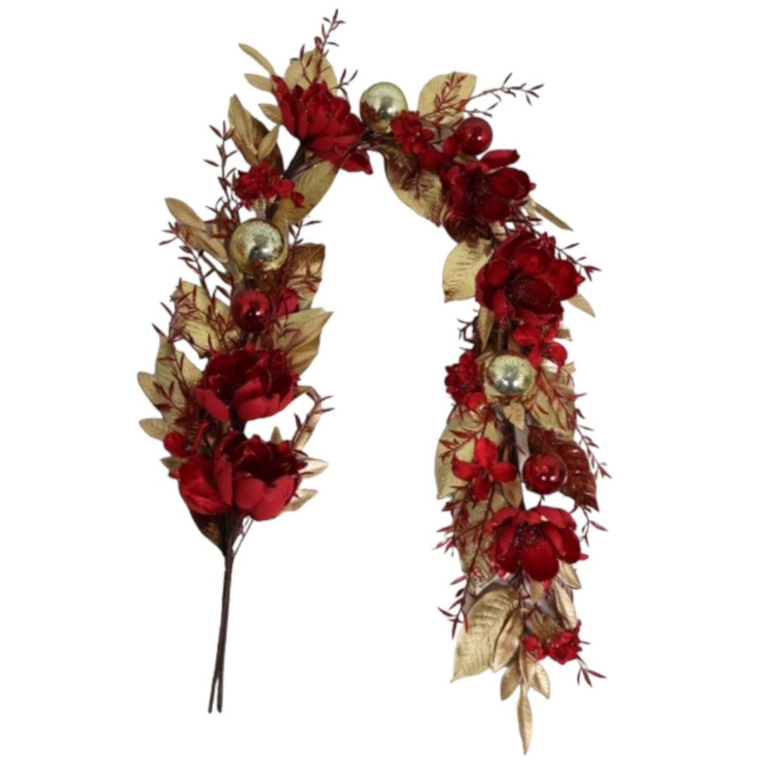 Guirnalda con Magnolias Rojas Y Hojas Oro 180Cm