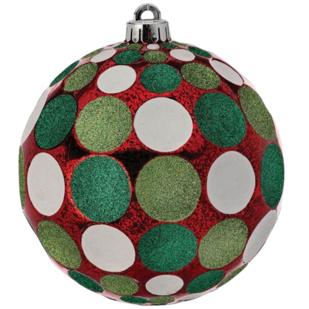 Caja con 2 Esferas Rojo con Circulos Verde 15Cm