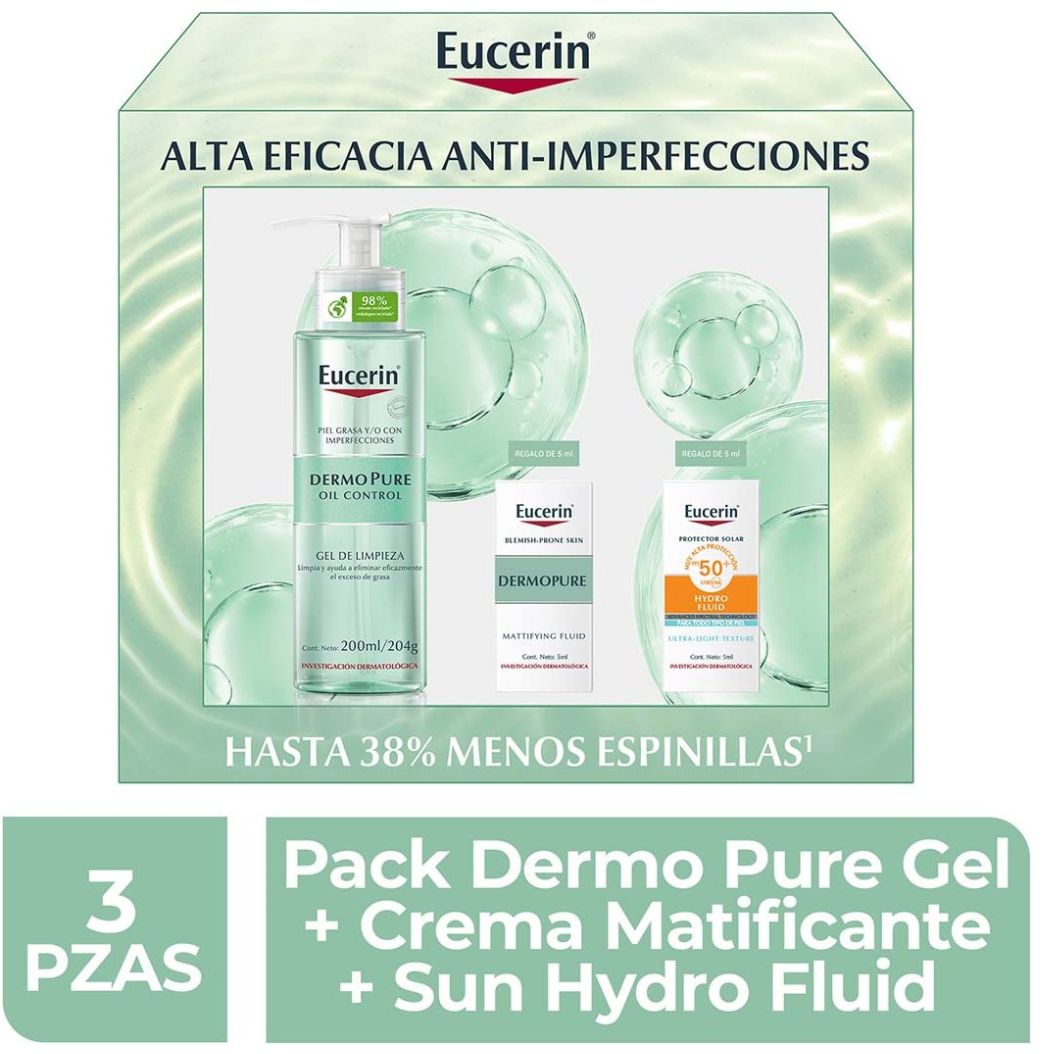Eucerin Pack Dermo Pure Gel 200 Ml + Dermo Pure Matificante 5 Ml + Sun Hydro Fluid 5 Ml