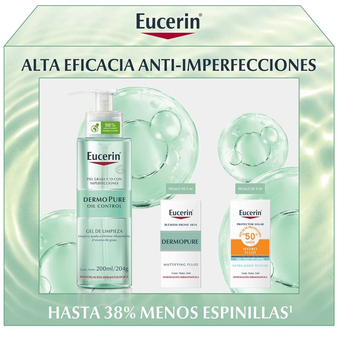 Eucerin Pack Dermo Pure Gel 200 Ml + Dermo Pure Matificante 5 Ml + Sun Hydro Fluid 5 Ml