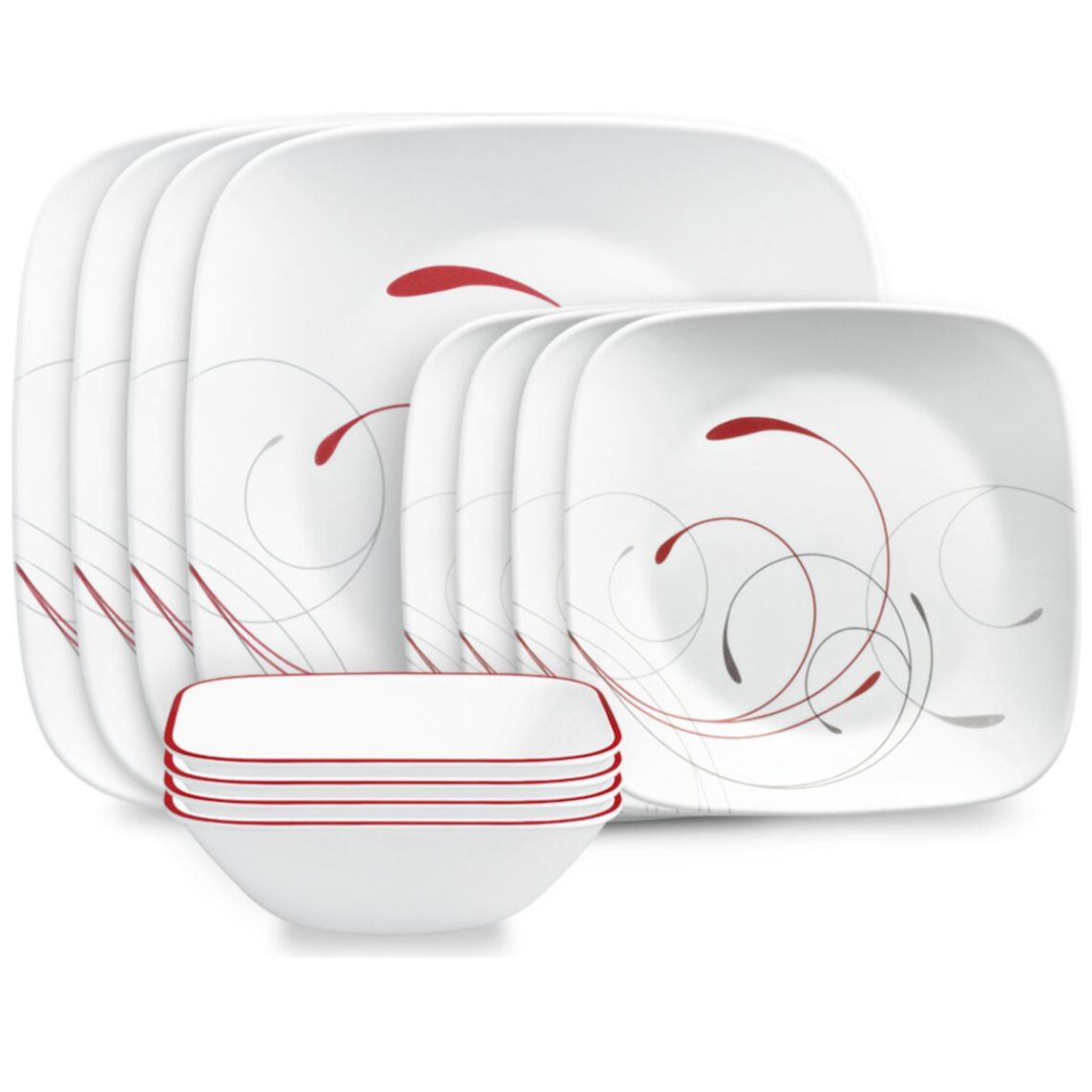 Vajilla Cuadrada 12 Piezas Vidrio Lamin Blanco Y Rojo Corelle