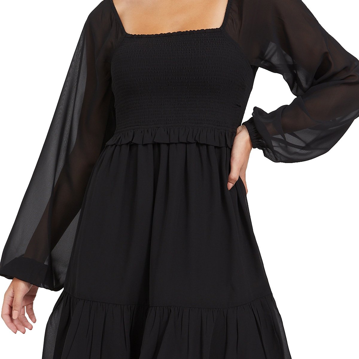 Vestido Manga Larga, Liso, Negro Guess