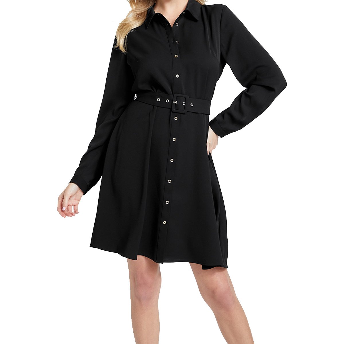 Vestido Manga Larga, Liso, Botonado, Negro Guess