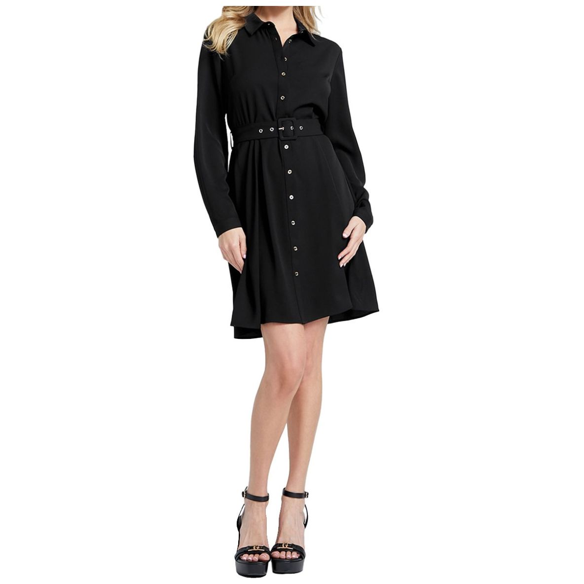 Vestido Manga Larga, Liso, Botonado, Negro Guess