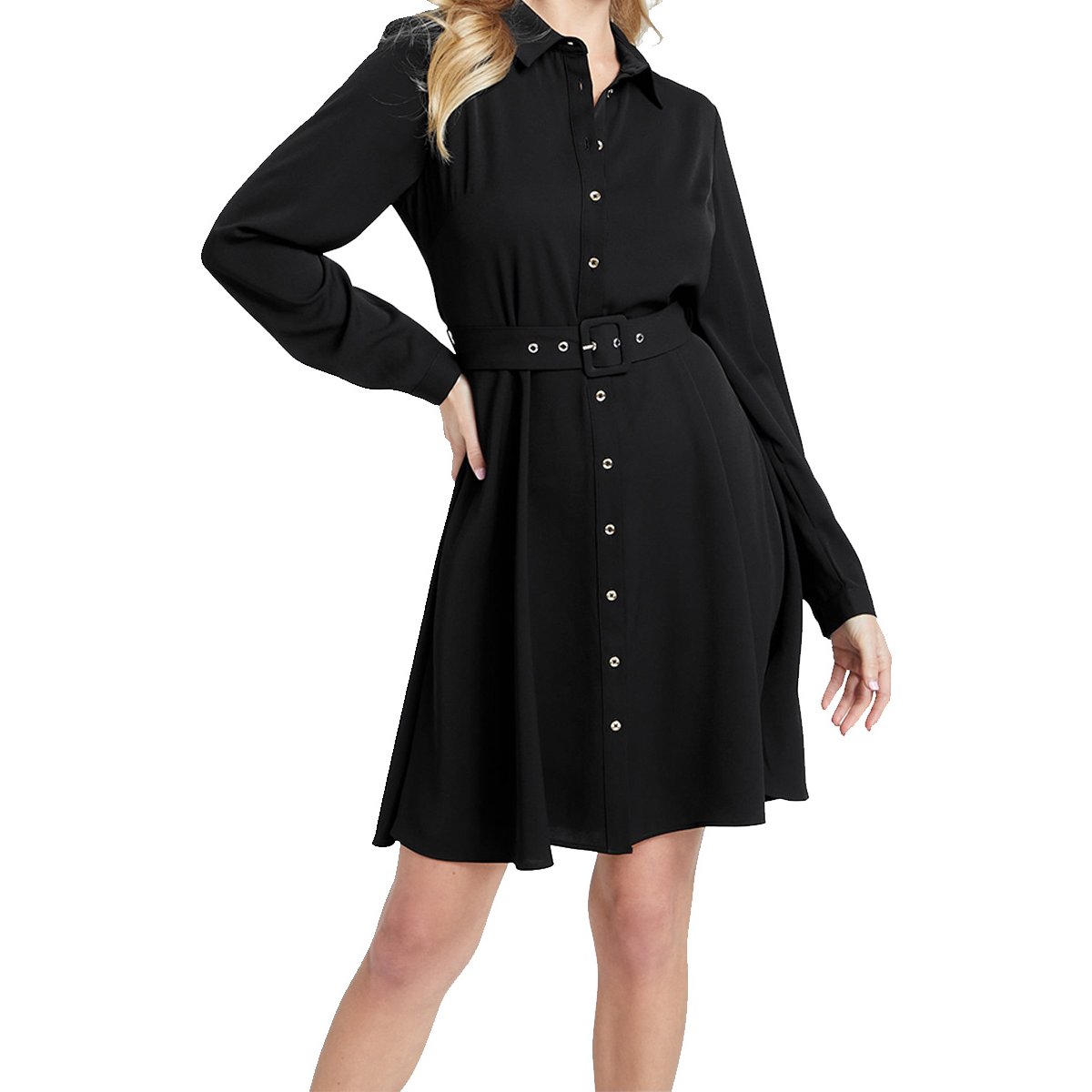 Vestido Manga Larga, Liso, Botonado, Negro Guess