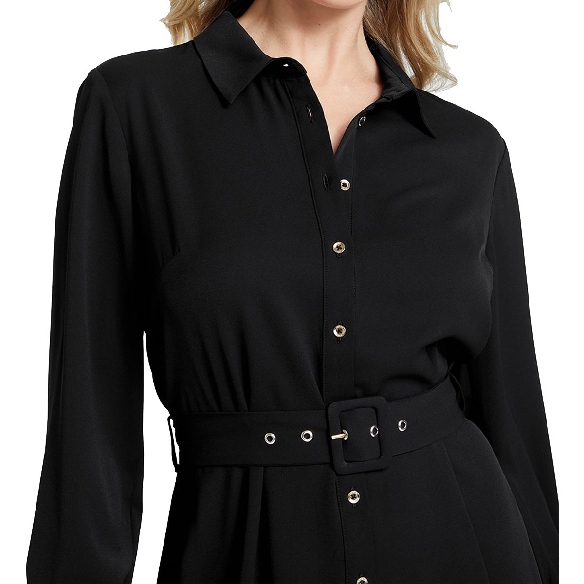 Vestido Manga Larga, Liso, Botonado, Negro Guess