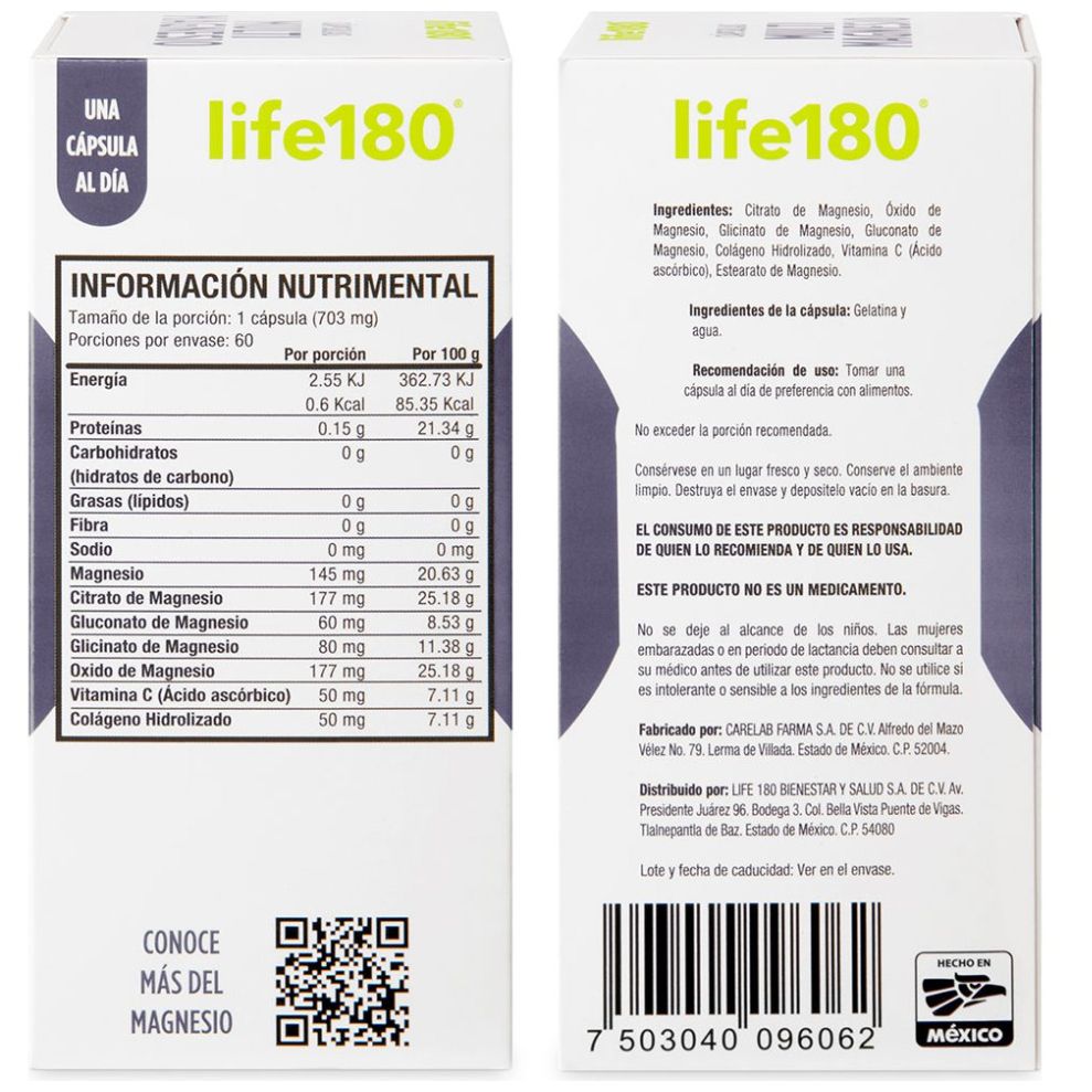 Multimagnesio (4 Fuentes) + Vitamina C (60 Capsulas) Life 180
