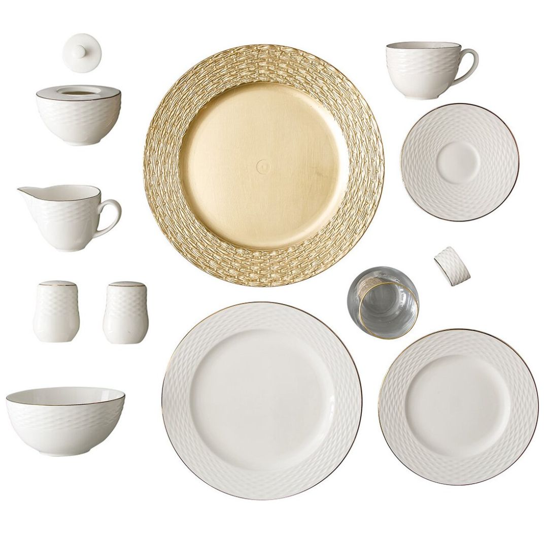 Combo Home & Details de 52 Piezas Vajilla, Vasos Y Plato Base Dorado