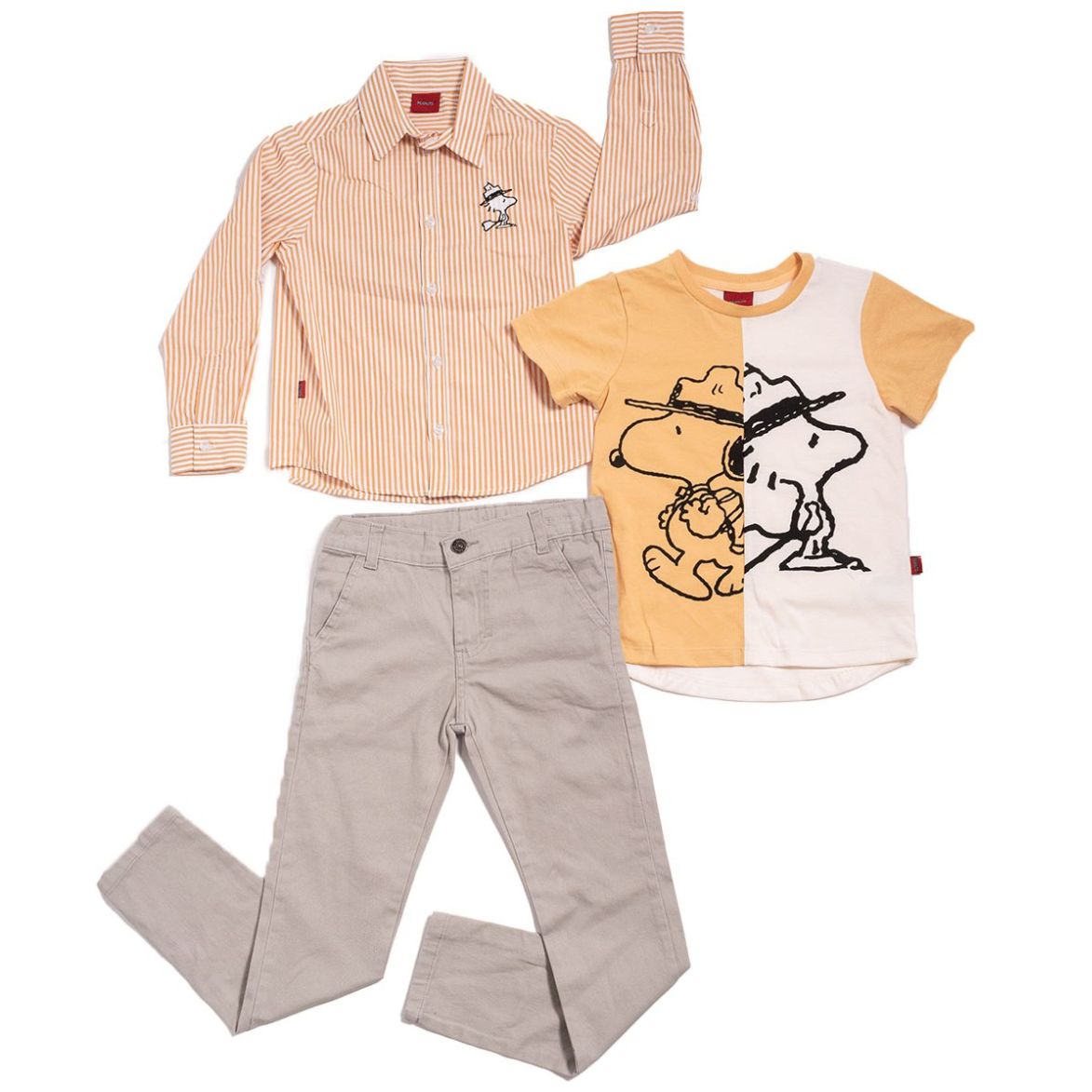 Conjunto para Niño 3 Piezas Camisa Manga Larga, Playera Manga Corta Pantalón Gabardina Snoopy