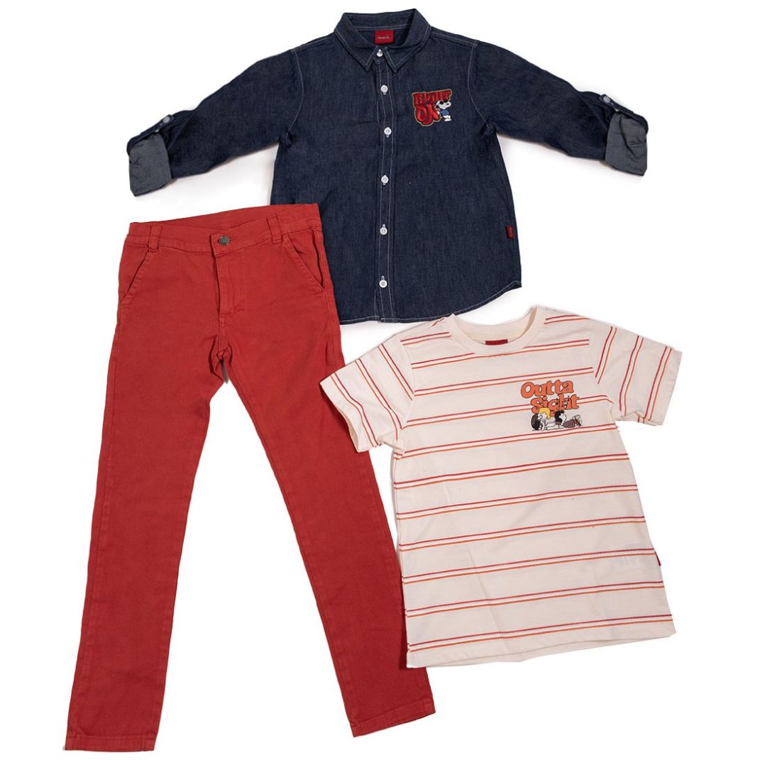 Conjunto para Niño 3 Piezas Camisa Manga Larga Mezclilla Playera Manga Corta Pantalón Gabardina Snoopy