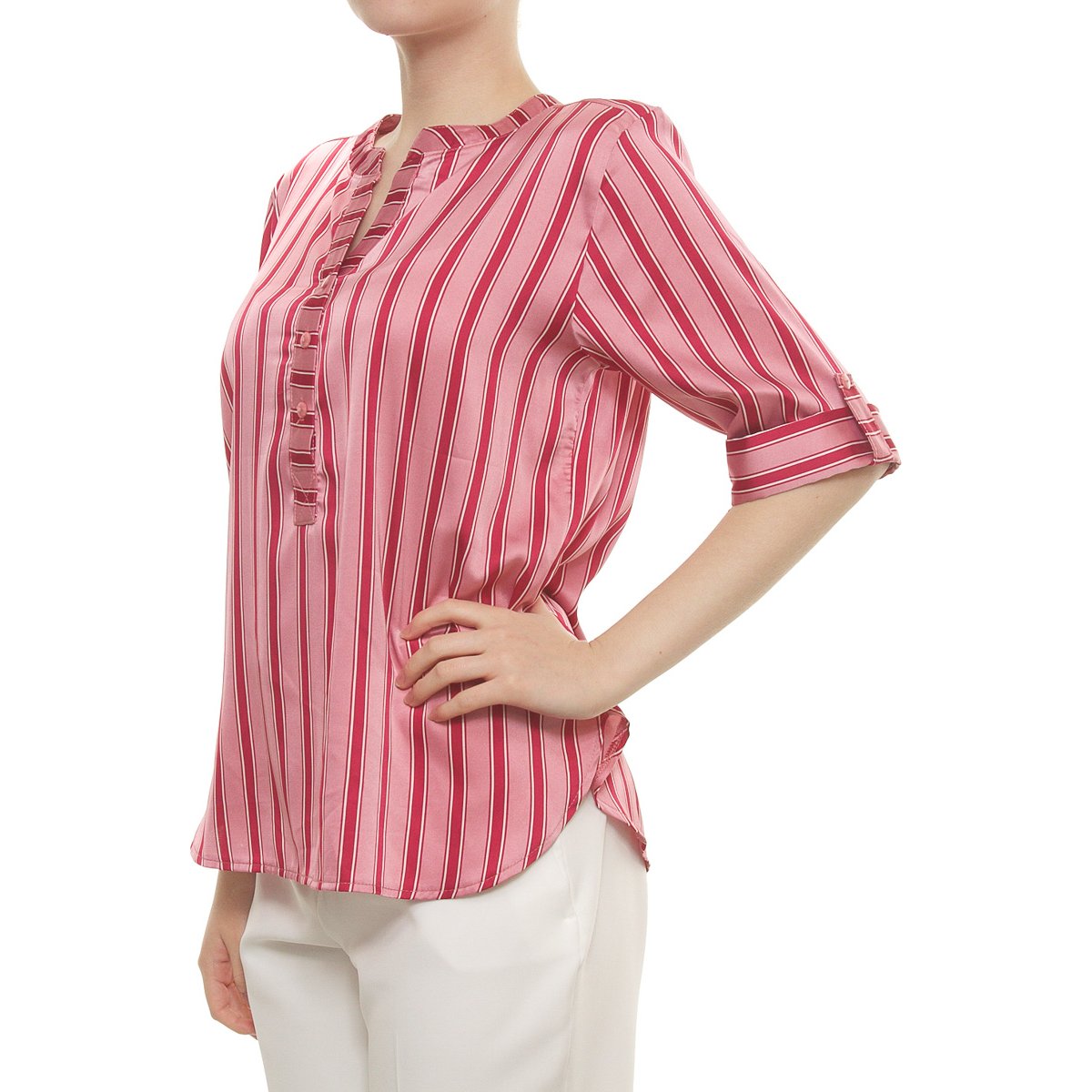 Blusa Estampado a Rayas Manga 3/4 Cuello Mao para Dama Life Styler