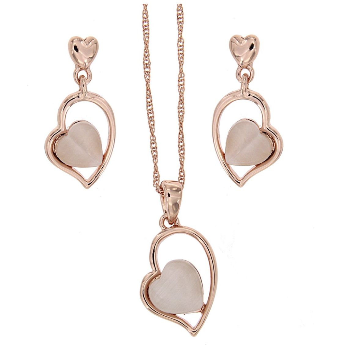 Juego de Aretes + Dije + Cadena Corazón con Piedra Rosa Camila Madrid