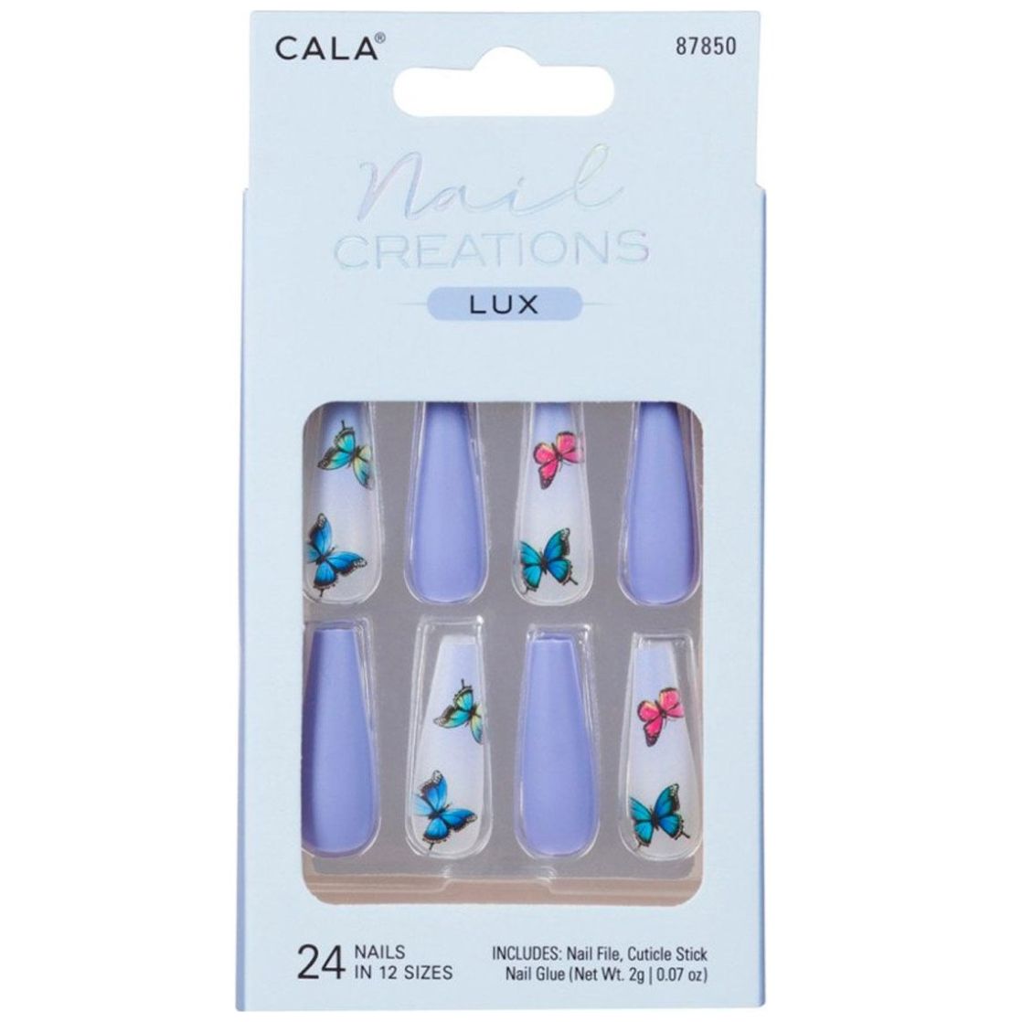 Kit Uñas Postizas Nail Creations Lux Coffin Mariposa Azul 24 Piezas