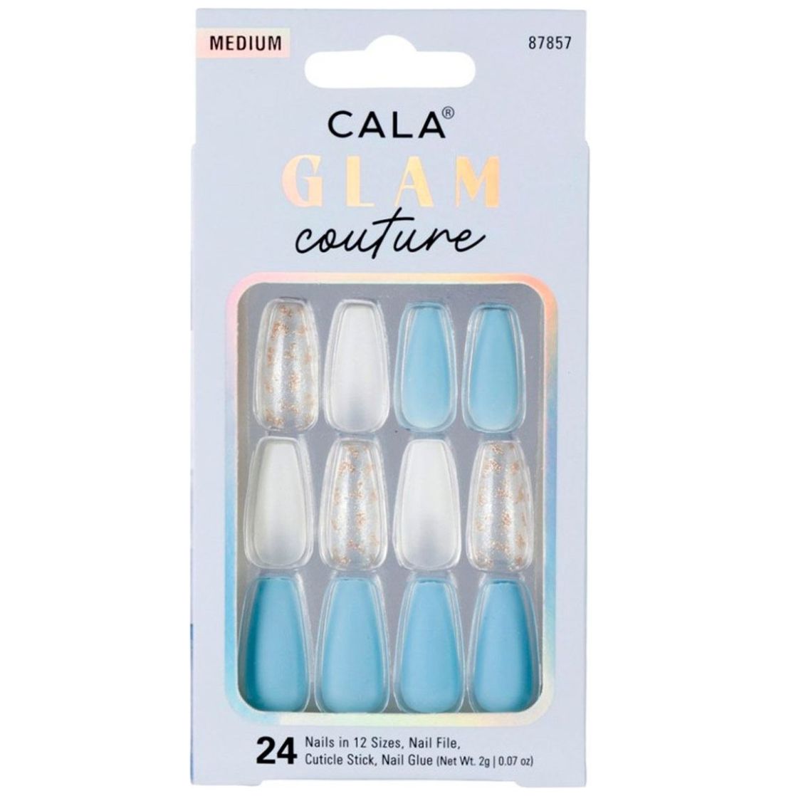 Kit Uñas Postizas Medium Coffin Azul/blanco con Detalles Dorados 24 Piezas