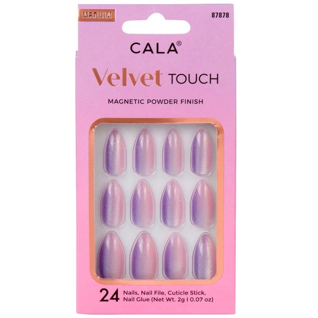 Kit Uñas Postizas Velvet Medium Stiletto Morado Cateye 24 Piezas