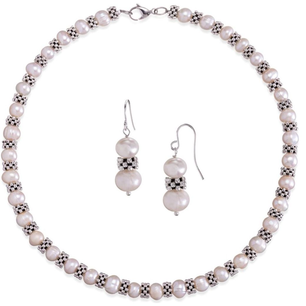 Collar y Aretes C&c Elegante Perlas Cultivadas Blanco