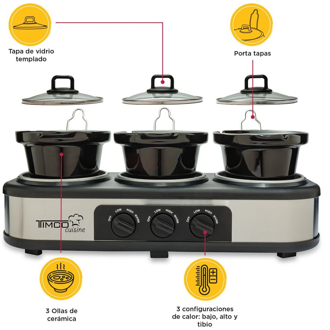 Bufetera Eléctrica de 3 Cacerolas de Cerámica 1.5Lt Timco