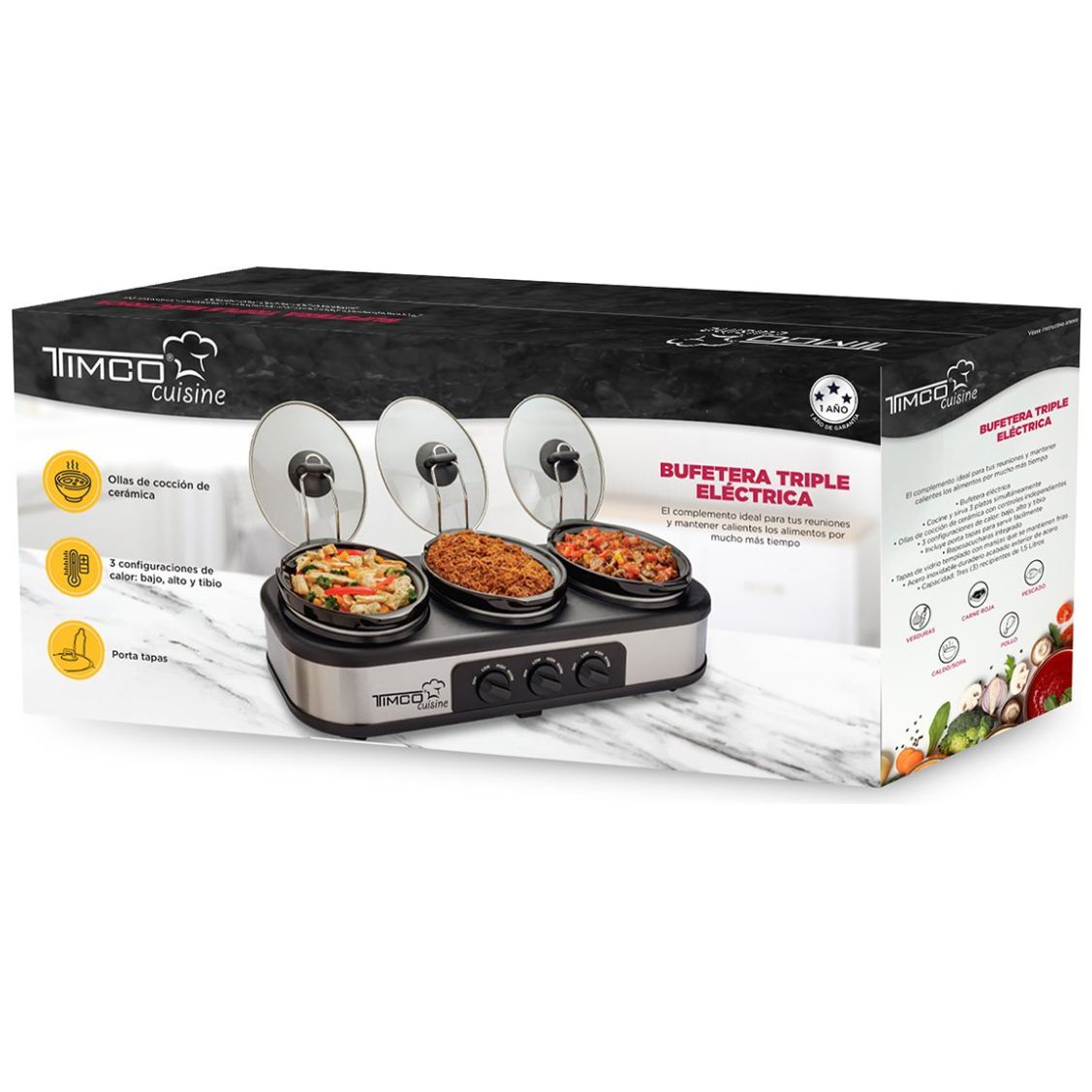 Bufetera Eléctrica de 3 Cacerolas de Cerámica 1.5Lt Timco