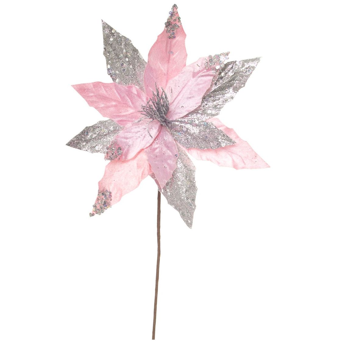 Flor de Nochebuena Rosa Y Plata Diamantadas 36Cm