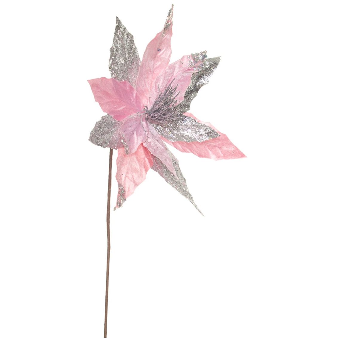 Flor de Nochebuena Rosa Y Plata Diamantadas 36Cm