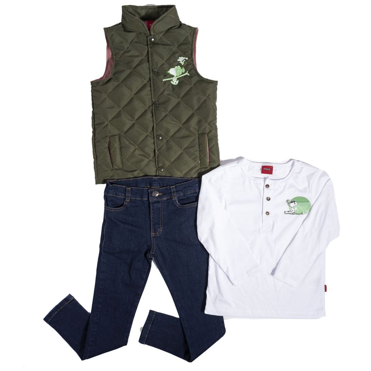 Conjunto 3 Piezas Snoopy Chaleco Capitonado, Playera Manga Larga y Jeans para Niño