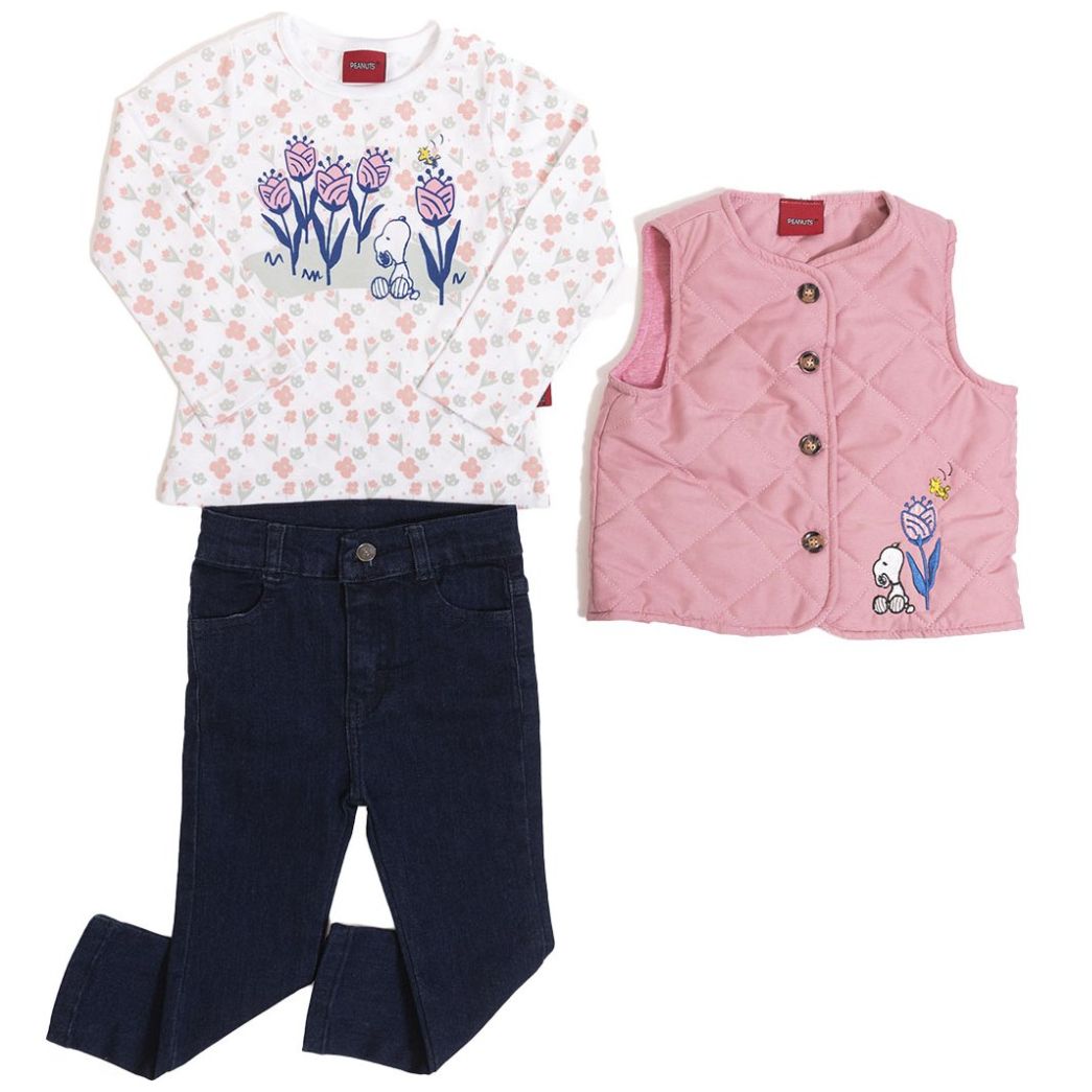 Conjunto 3 Piezas Snoopy Playera, Chaleco y Pantalón de Mezclilla para Bebé