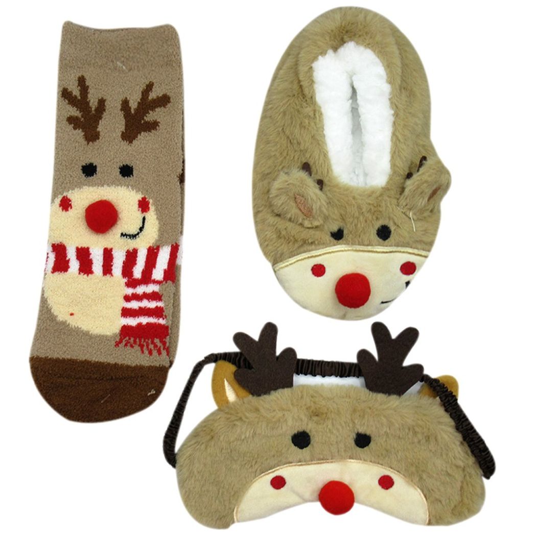 Set 3 Calcetin Calcetufla Antifaz Navidad Reno para Niños