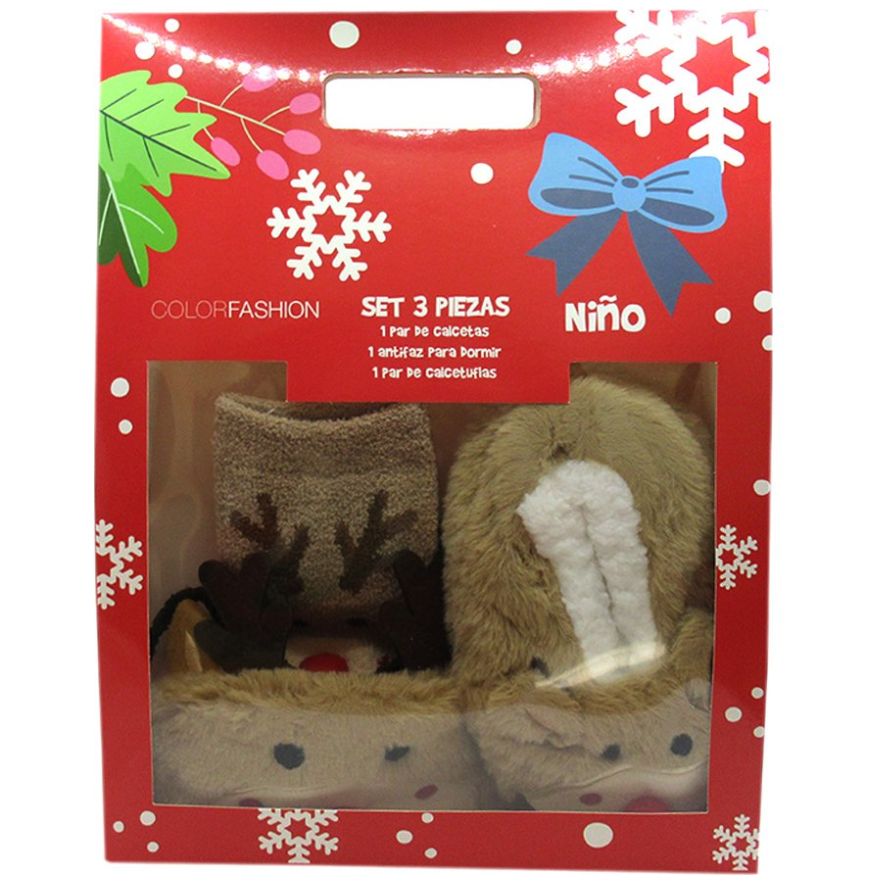 Set 3 Calcetin Calcetufla Antifaz Navidad Reno para Niños