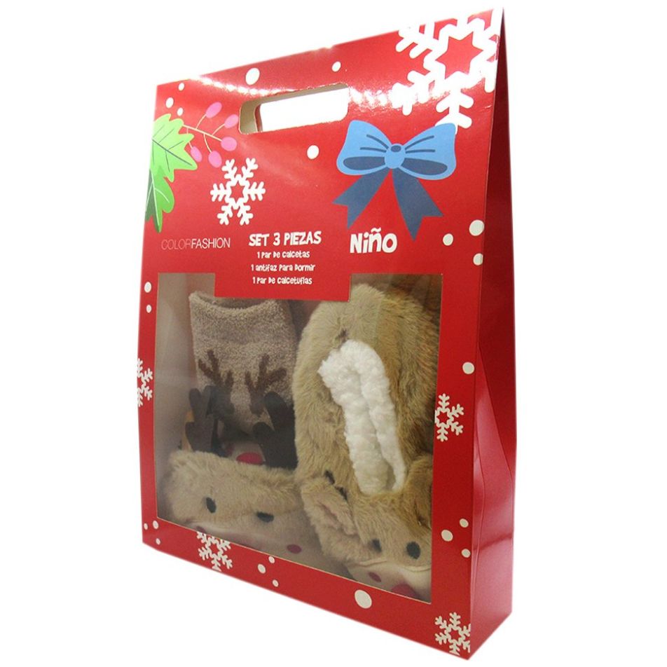 Set 3 Calcetin Calcetufla Antifaz Navidad Reno para Niños