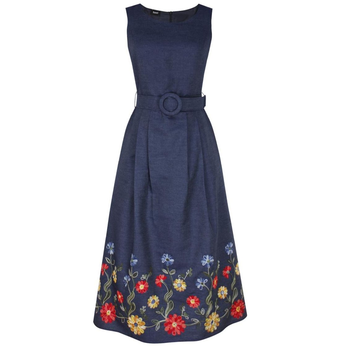 Vestido Basel Cuello Redondo Diseño Bordado en Ruedo y Cinturón