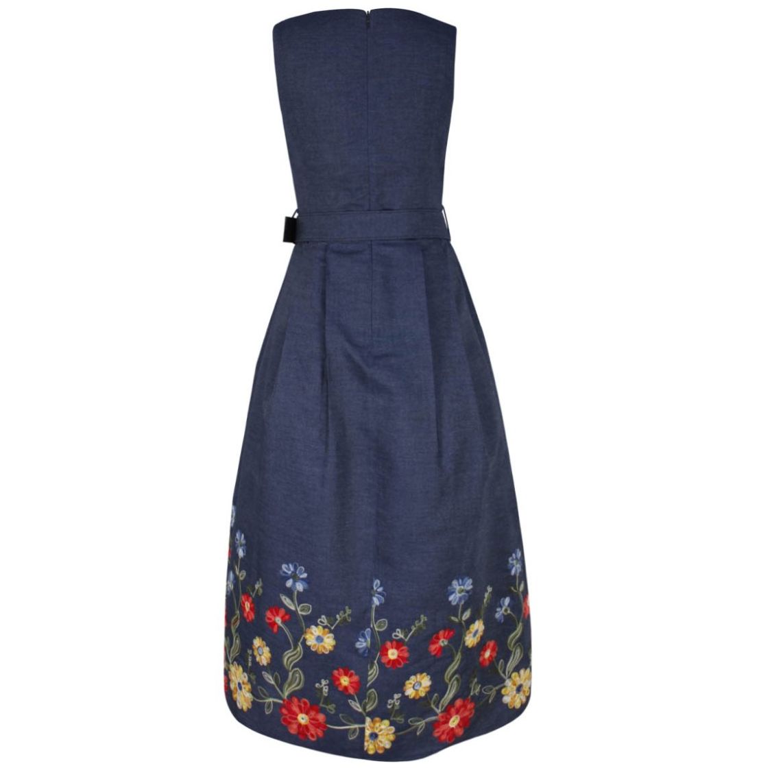 Vestido Basel Cuello Redondo Diseño Bordado en Ruedo y Cinturón