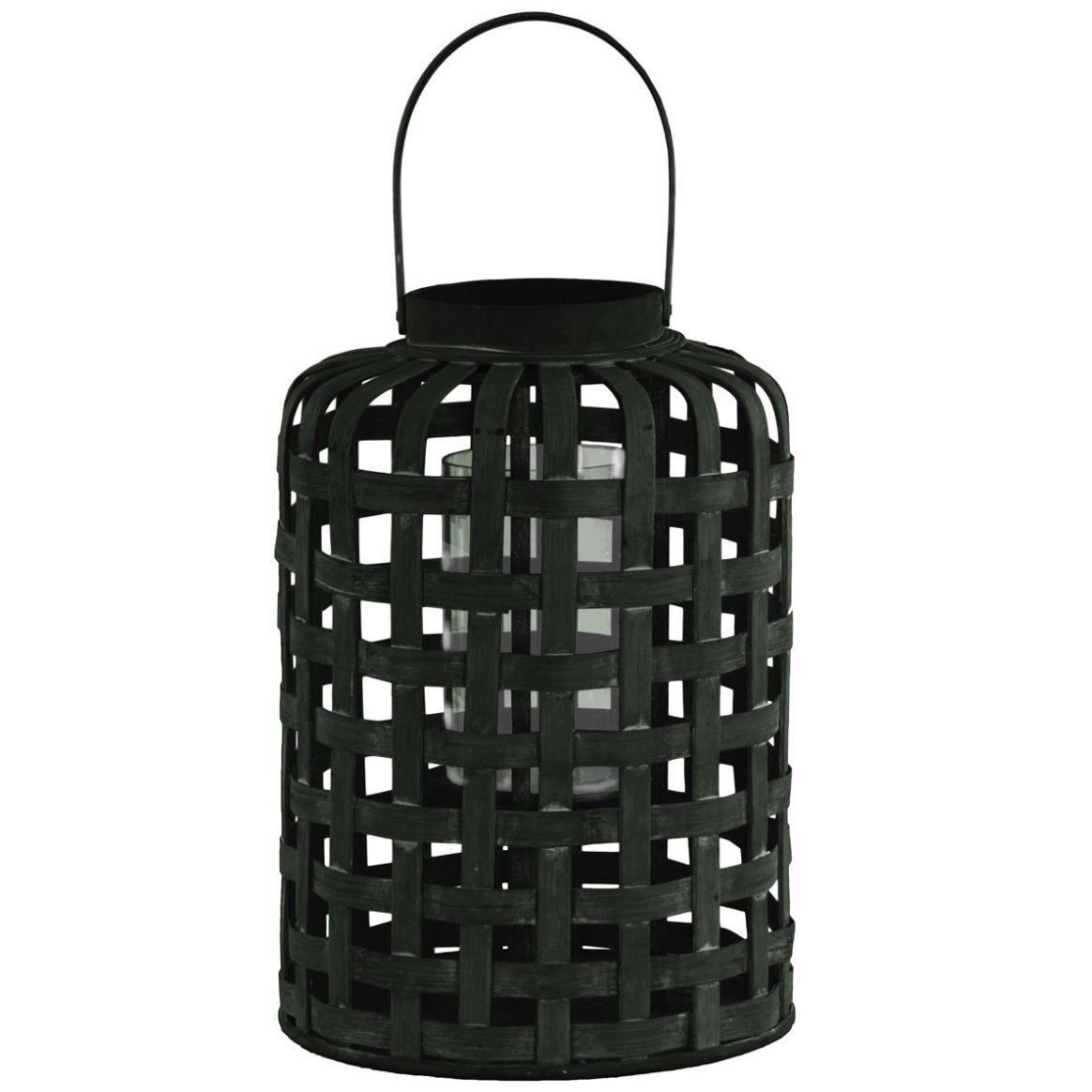 Home Nature Farol Redondo Grande de Madera con Líneas, Diseño Celosía Color Negro 41.2*29.2*29.2 Cm