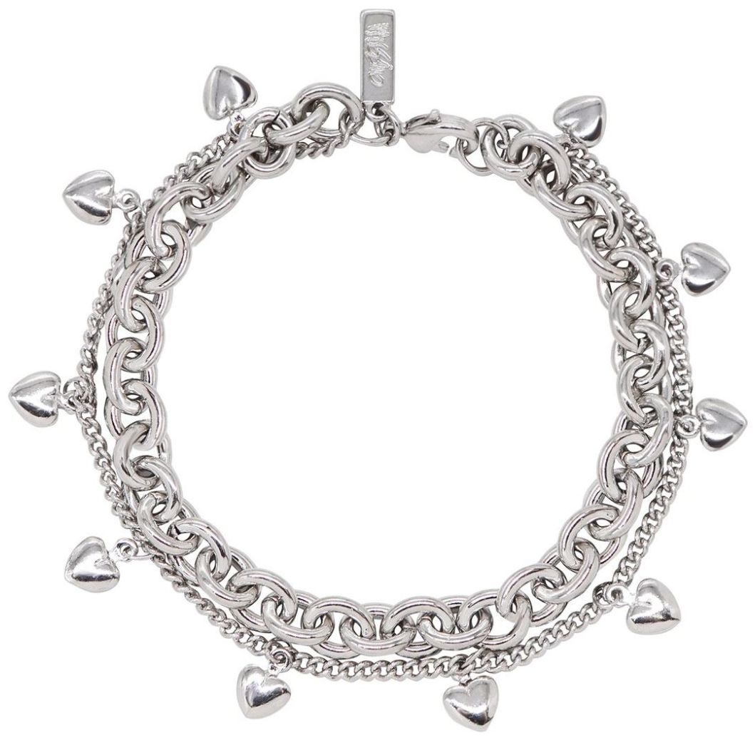 Pulsera Doble en Rodio con Cadena Pesada Y Cadena de Corazones Mossimo