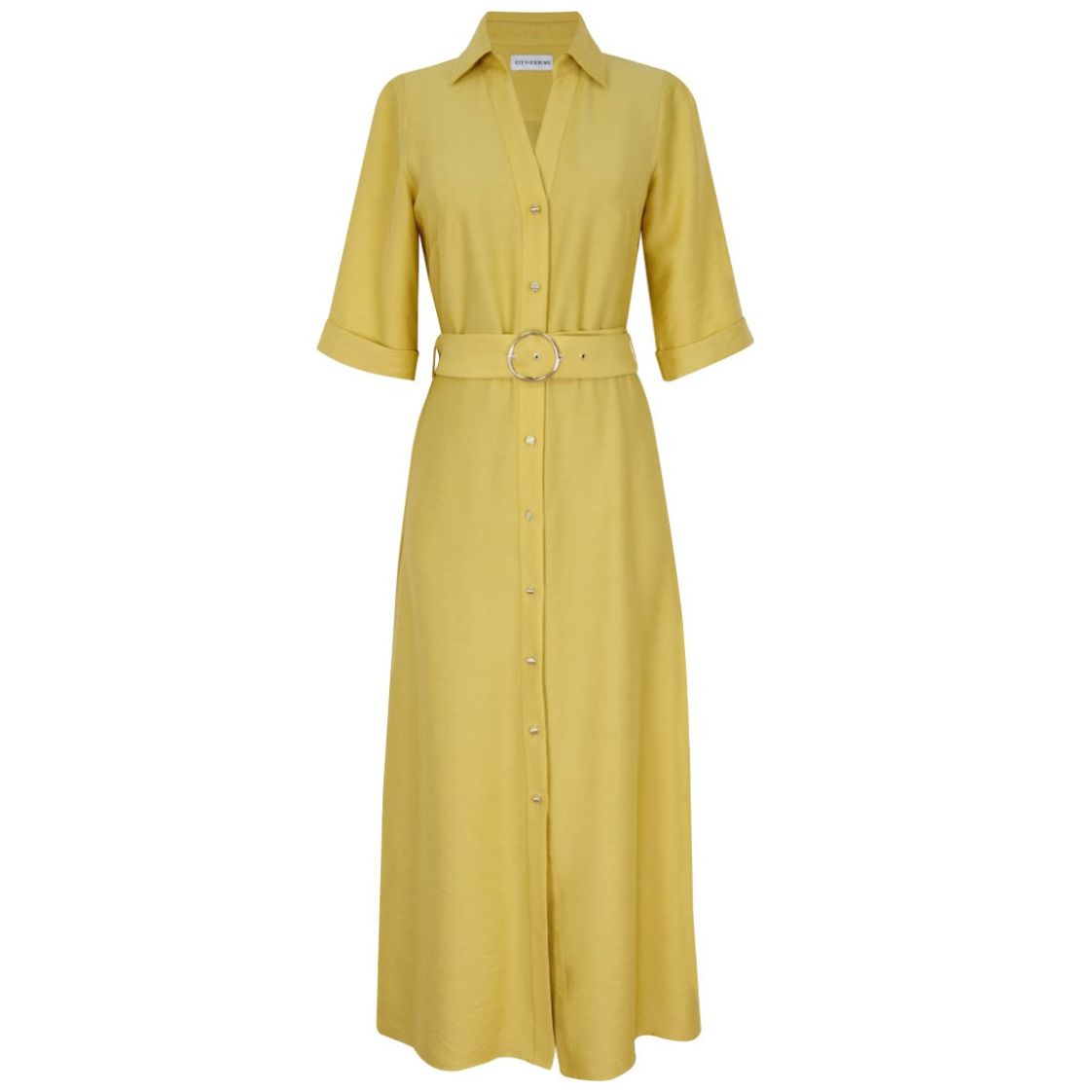 Vestido City Femme Cuello Camisero Diseño Liso con Cinturón