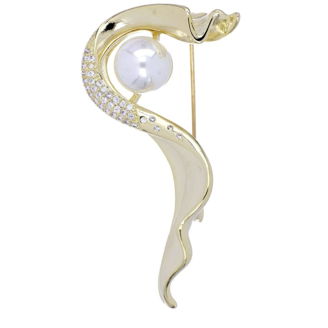 Broche Perla Blanca Chapado Oro Farfalla Bonetti