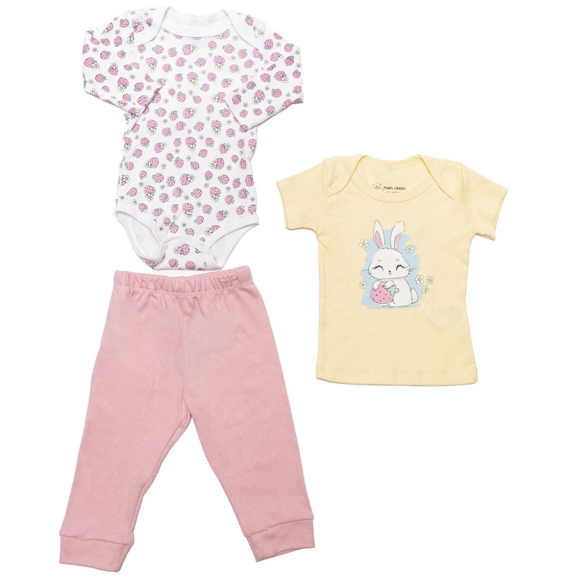 Set para Bebé 3 Piezas Pañalero Manga Larga Estampado de Fresas Playera Manga Corta Y Pantalón Mon Coeur