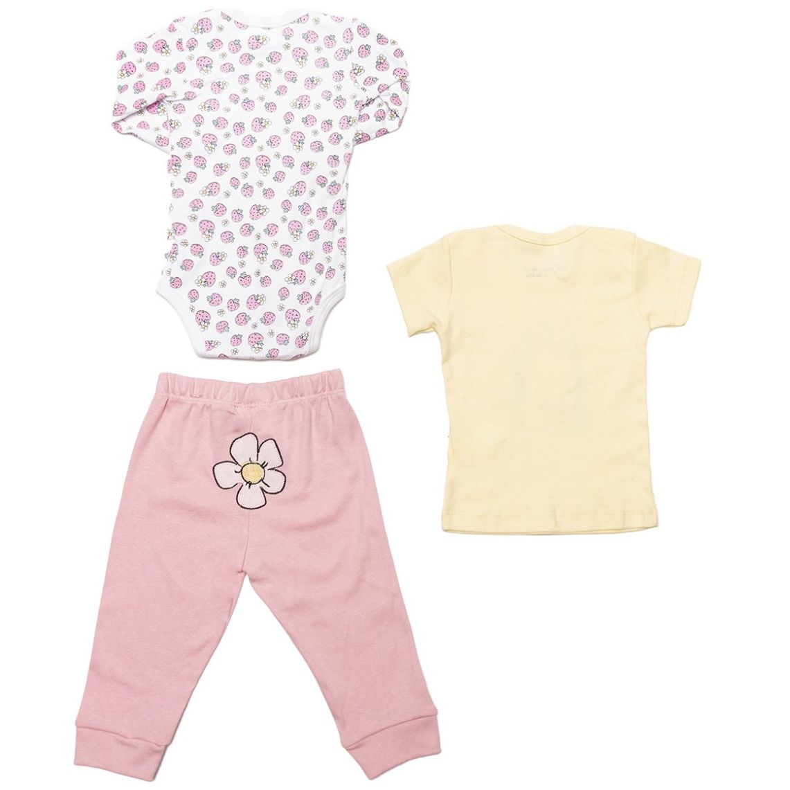 Set para Bebé 3 Piezas Pañalero Manga Larga Estampado de Fresas Playera Manga Corta Y Pantalón Mon Coeur