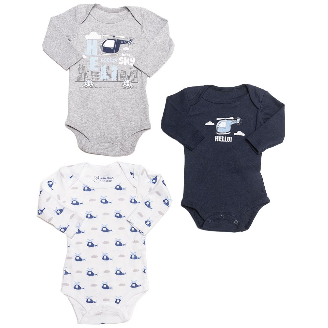 Set para Bebé 3 Piezas Pañalero Manga Larga Estampado Helicópteros Mon Coeur