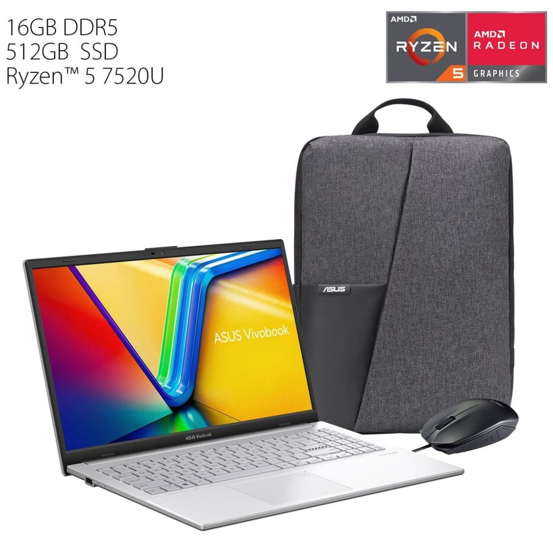 Laptop Asus Vivobook Go R5 7520U 16 Ram 512G+ Mochila y Mouse