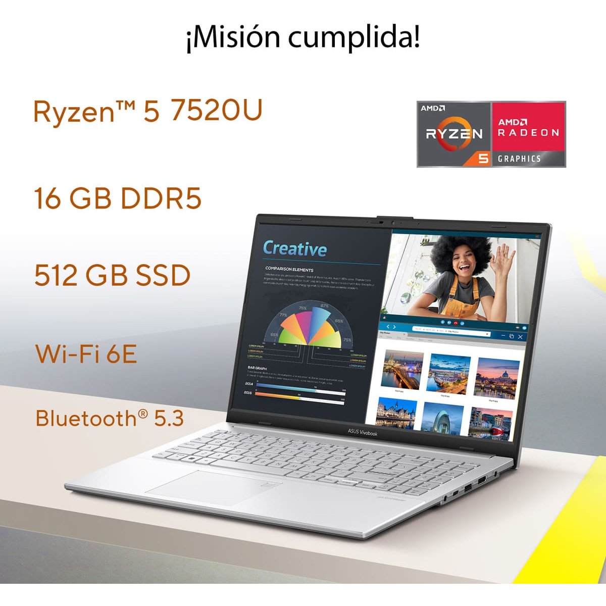 Laptop Asus Vivobook Go R5 7520U 16 Ram 512G+ Mochila y Mouse
